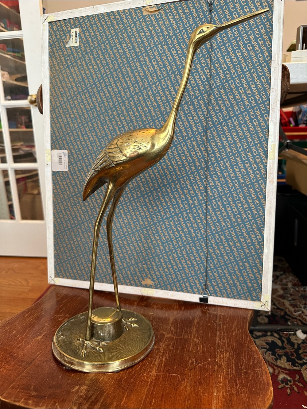 Vintage solid brass tall crane statue on base
